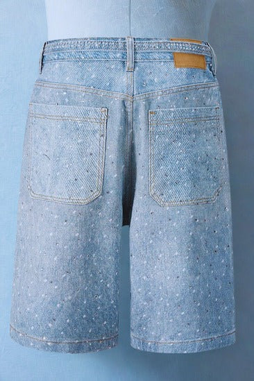 Washed Denim Shorts with Chic Rhinestone Belt